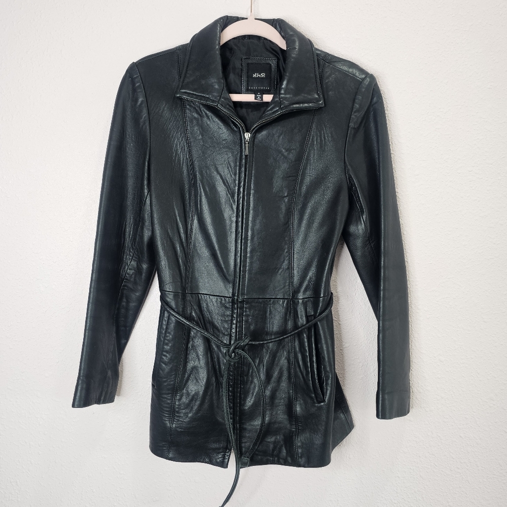 JLC New York Leather Jacket Womens Small Black Belted Zip‎ Outerwear Moto Coat
